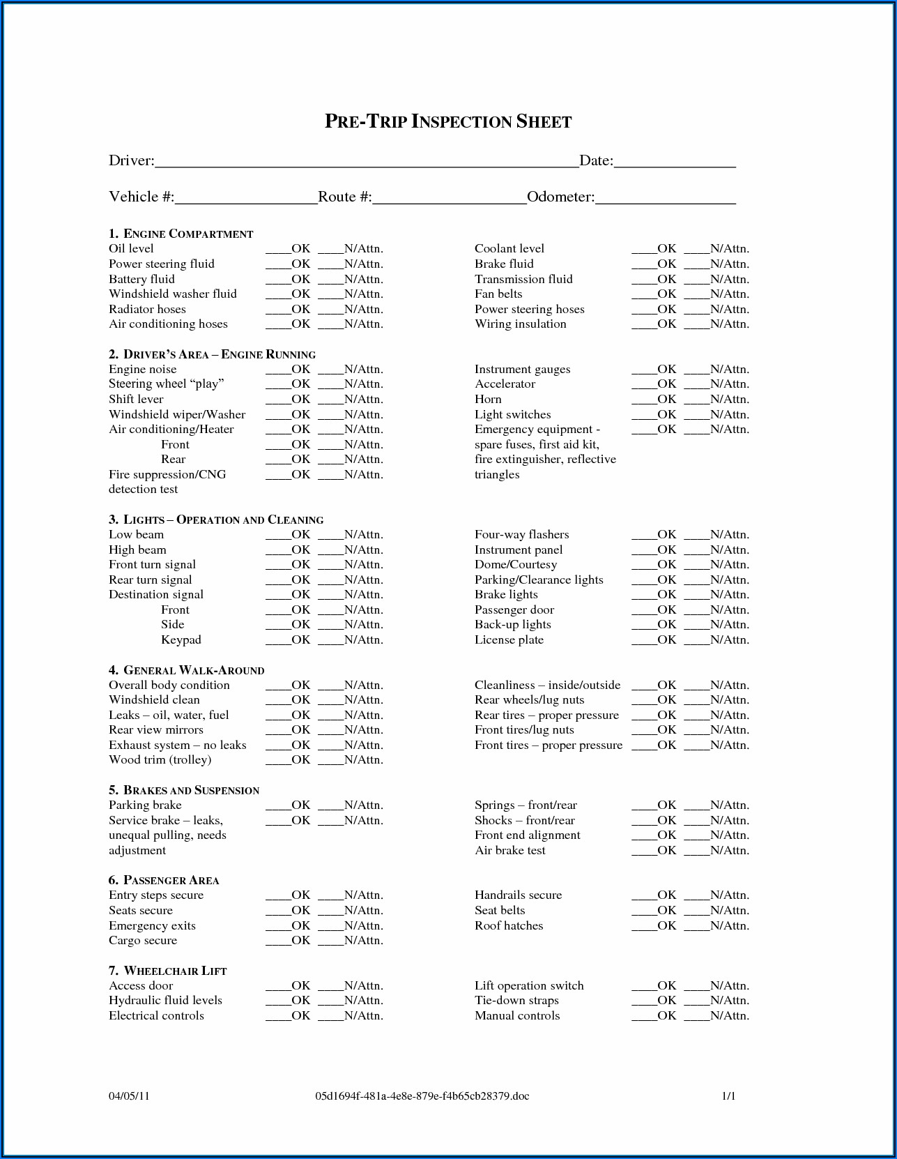 Vehicle Pre Trip Inspection Checklist Template