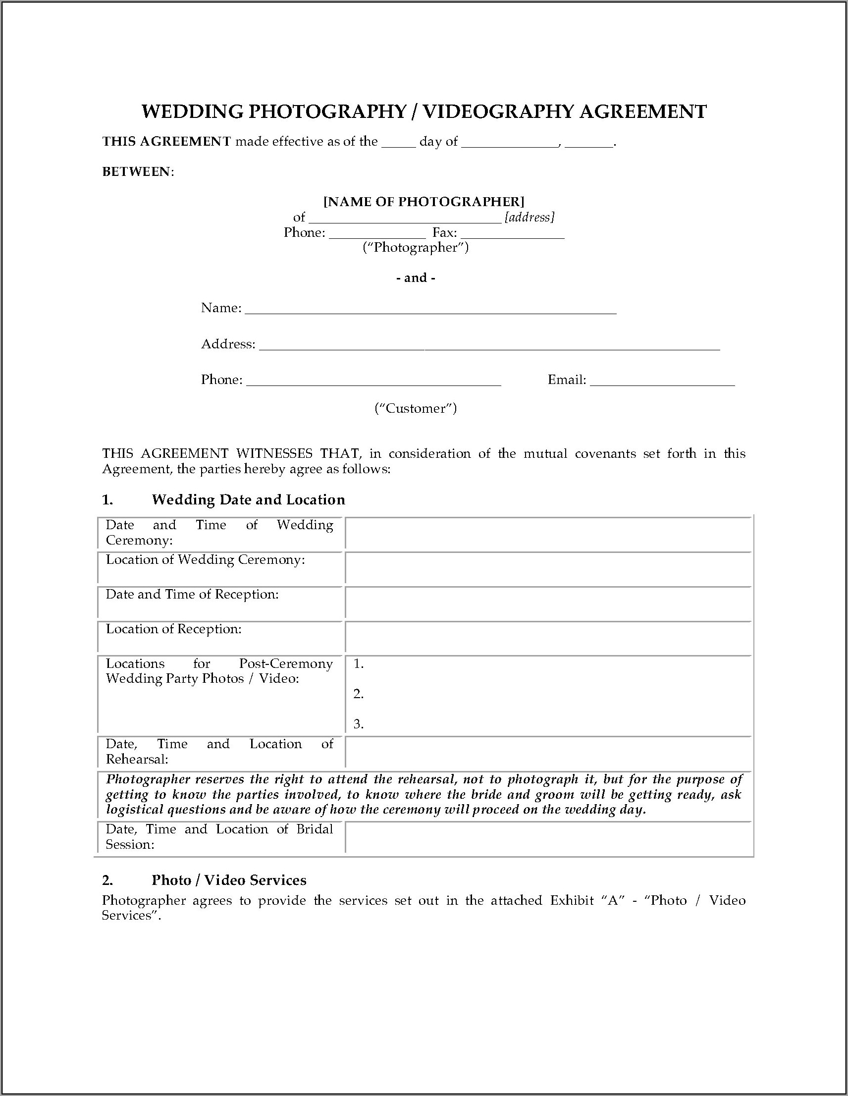 Wedding Videography Contract Template Word