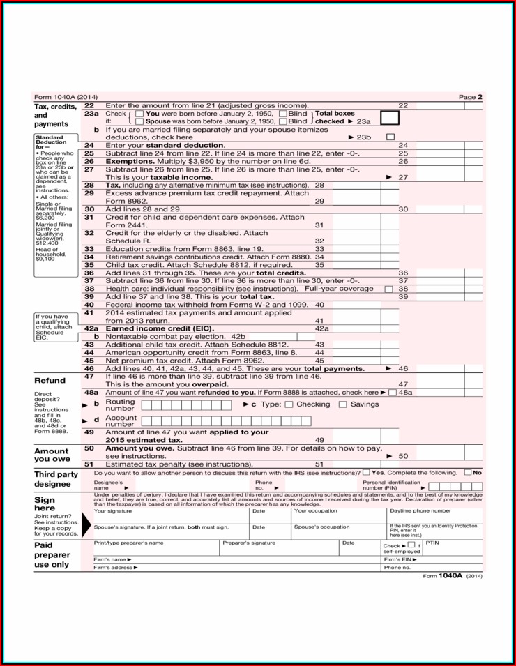 2014 Federal Tax Form 1040a