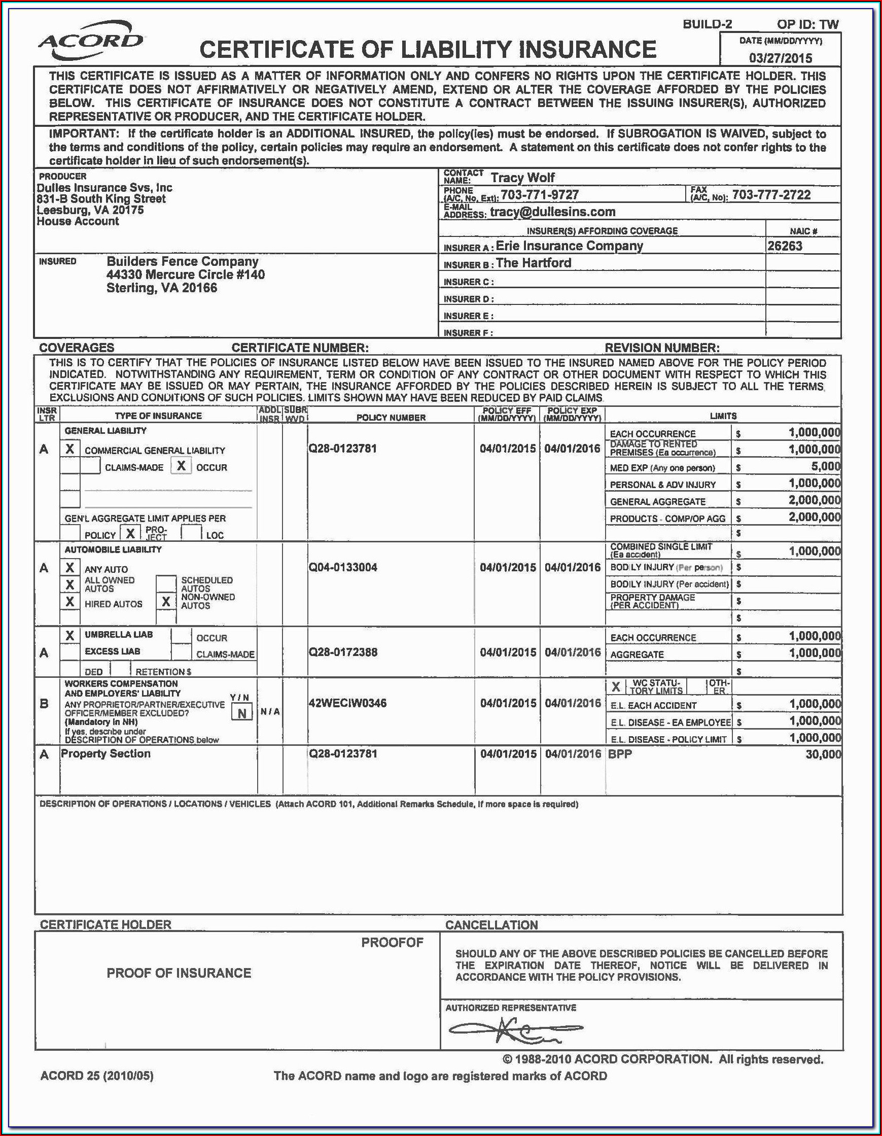 Acord Certificate Of Insurance Form