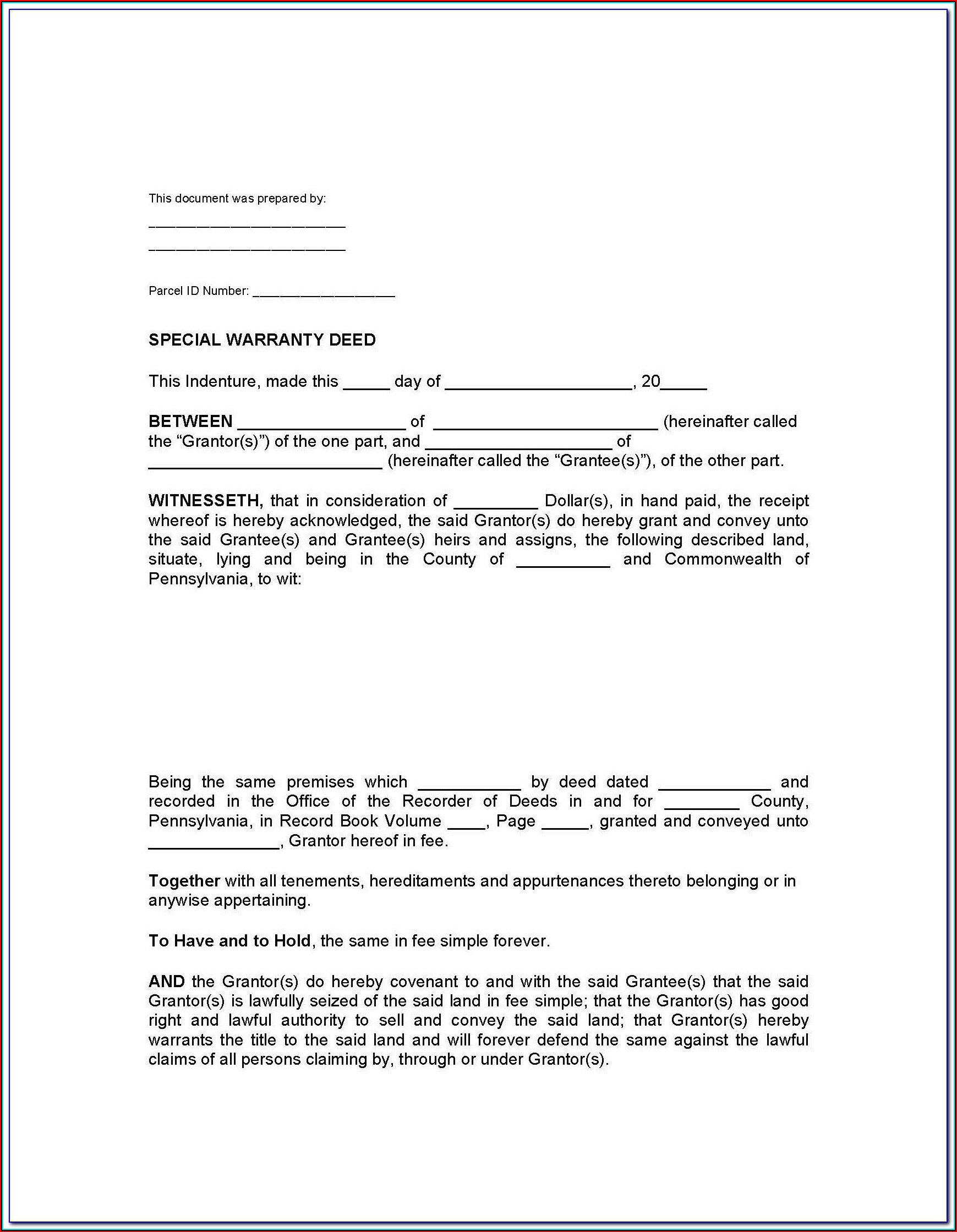 Blank Quit Claim Deed Form Pa