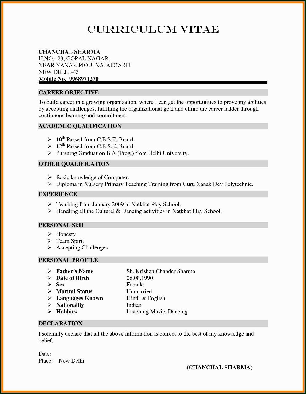 Create New Resume Format For Freshers