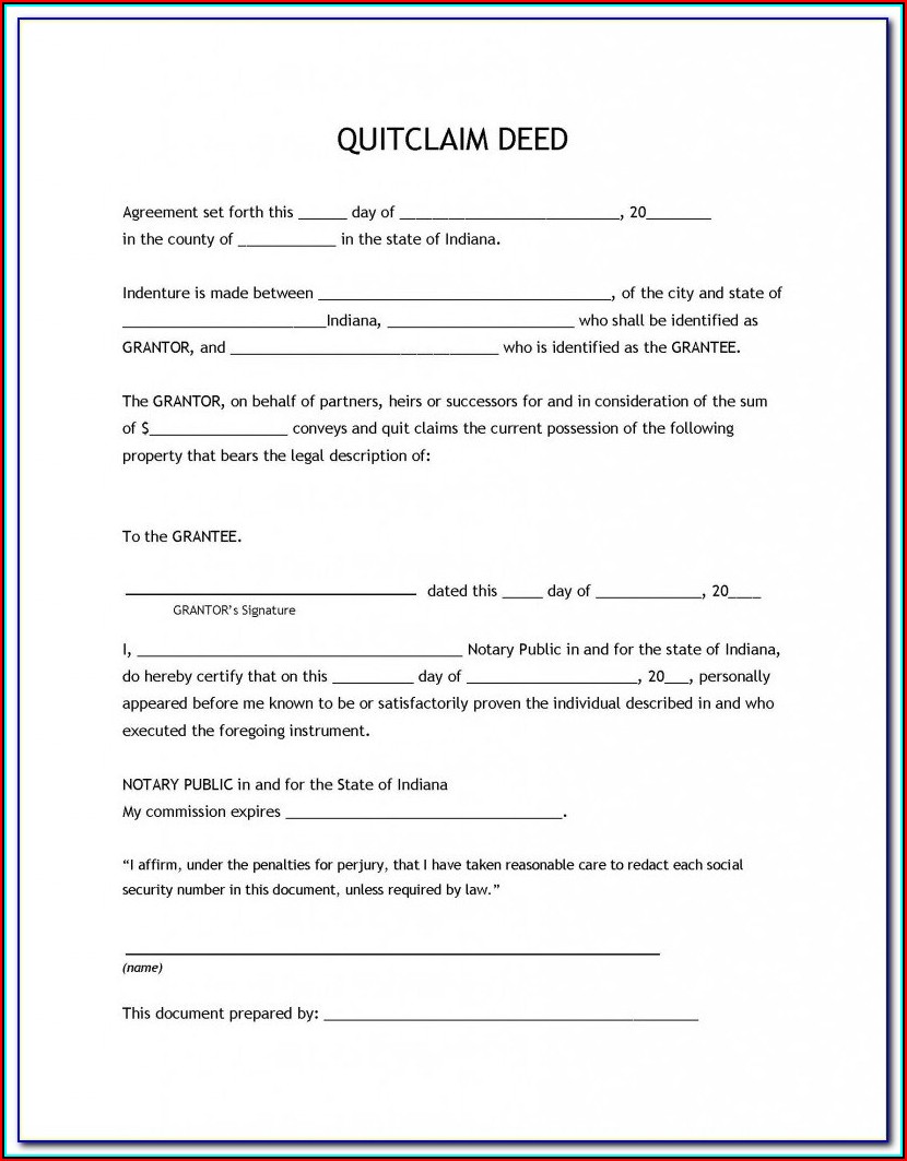 Free Blank Quit Claim Deed Form Indiana