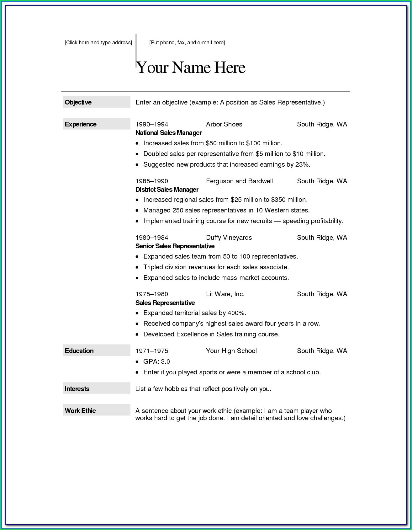 Free Download Sample Resume Word Format