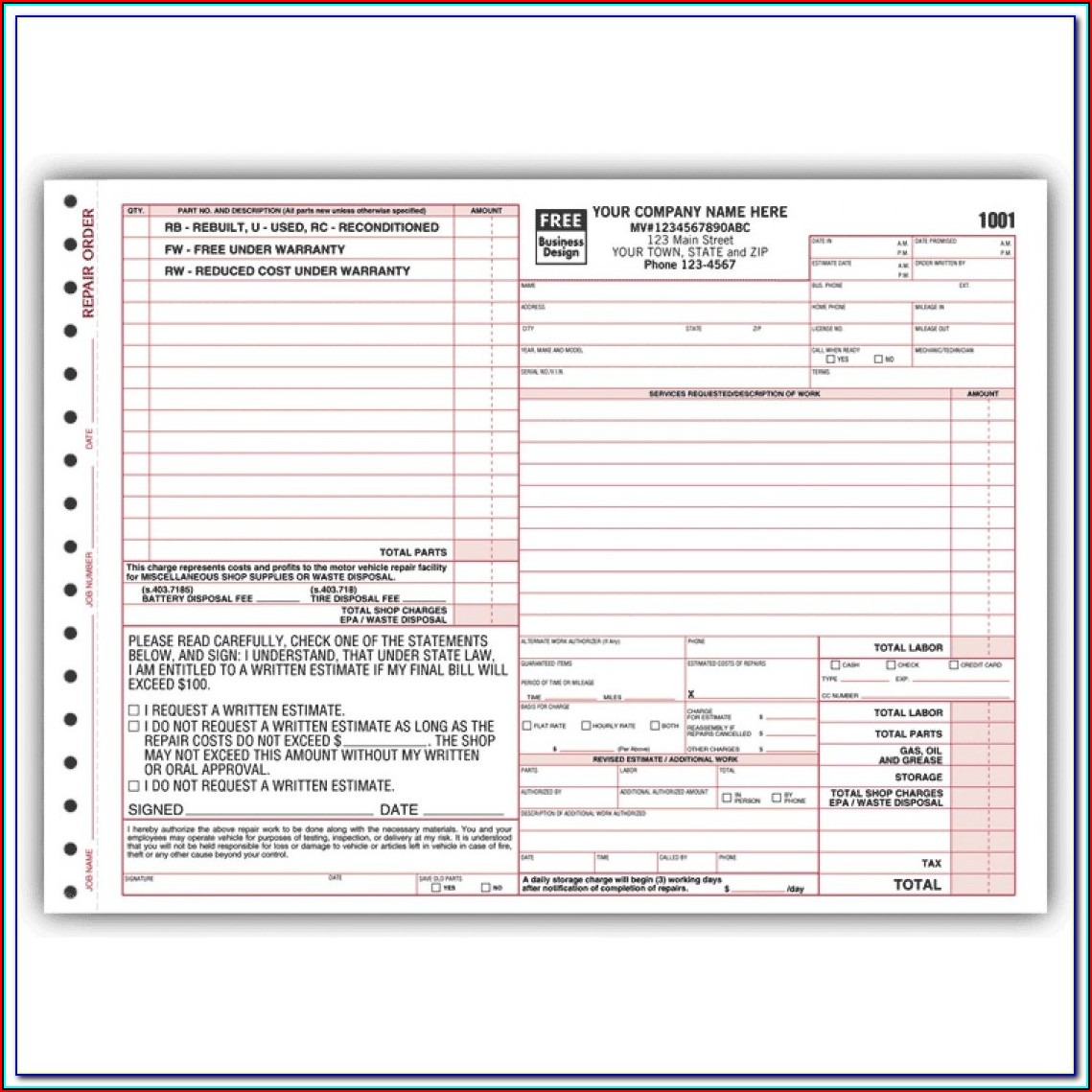 Free Printable Auto Repair Order Forms