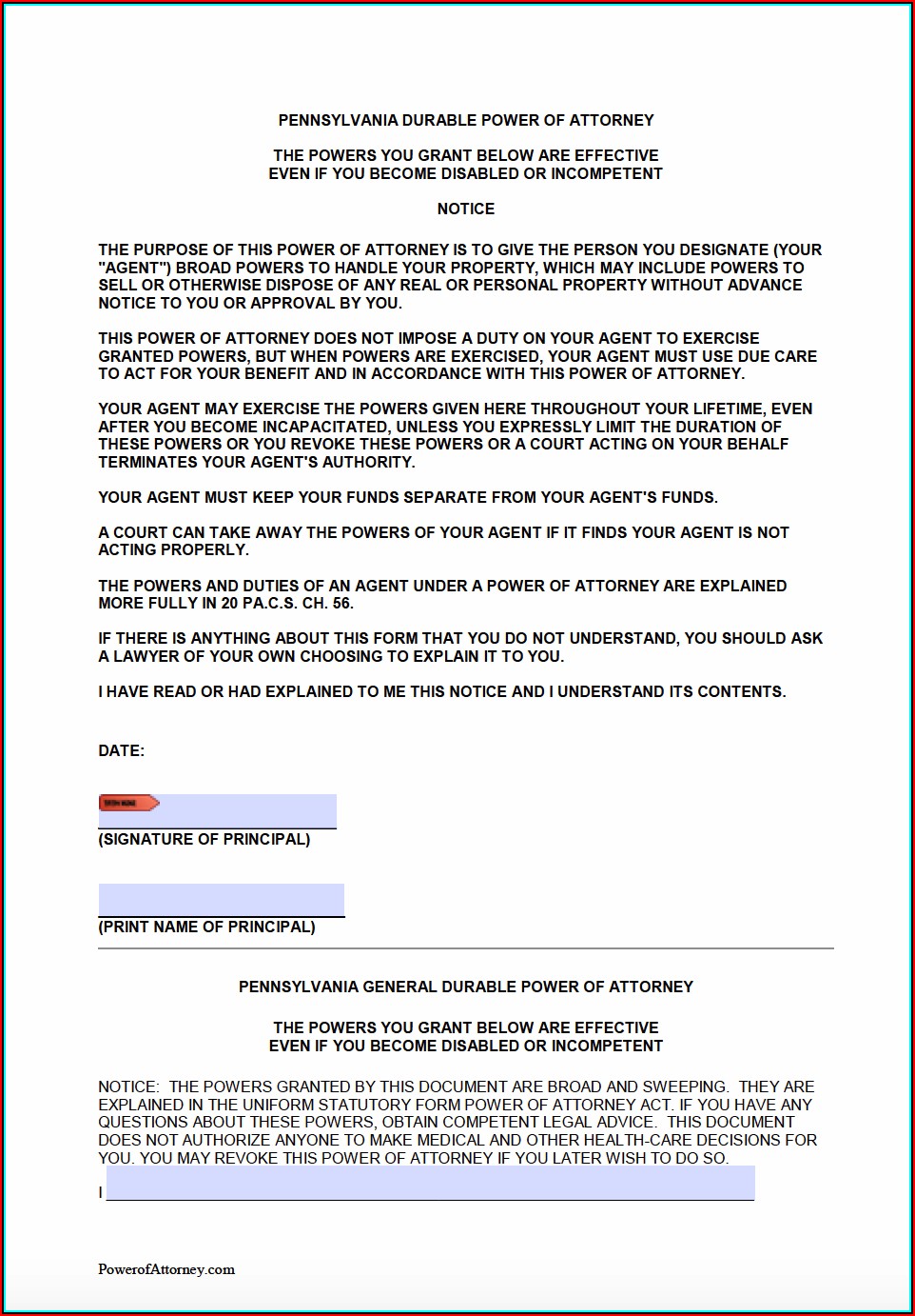 Free Printable Durable Power Of Attorney Form Pa