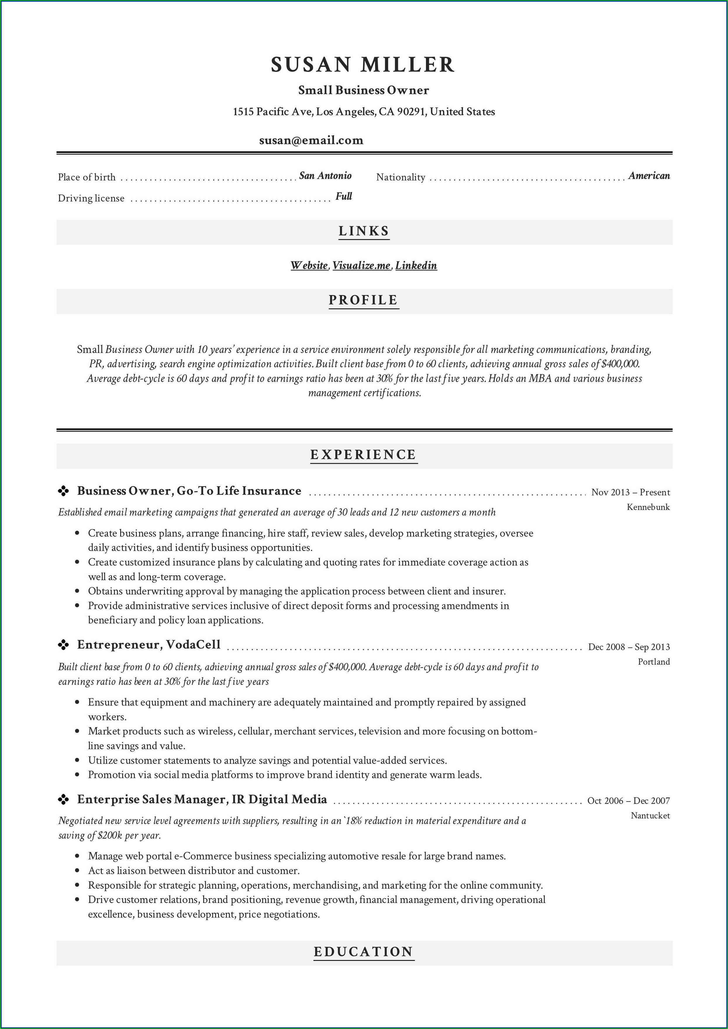 Free Professional Business Resume Template