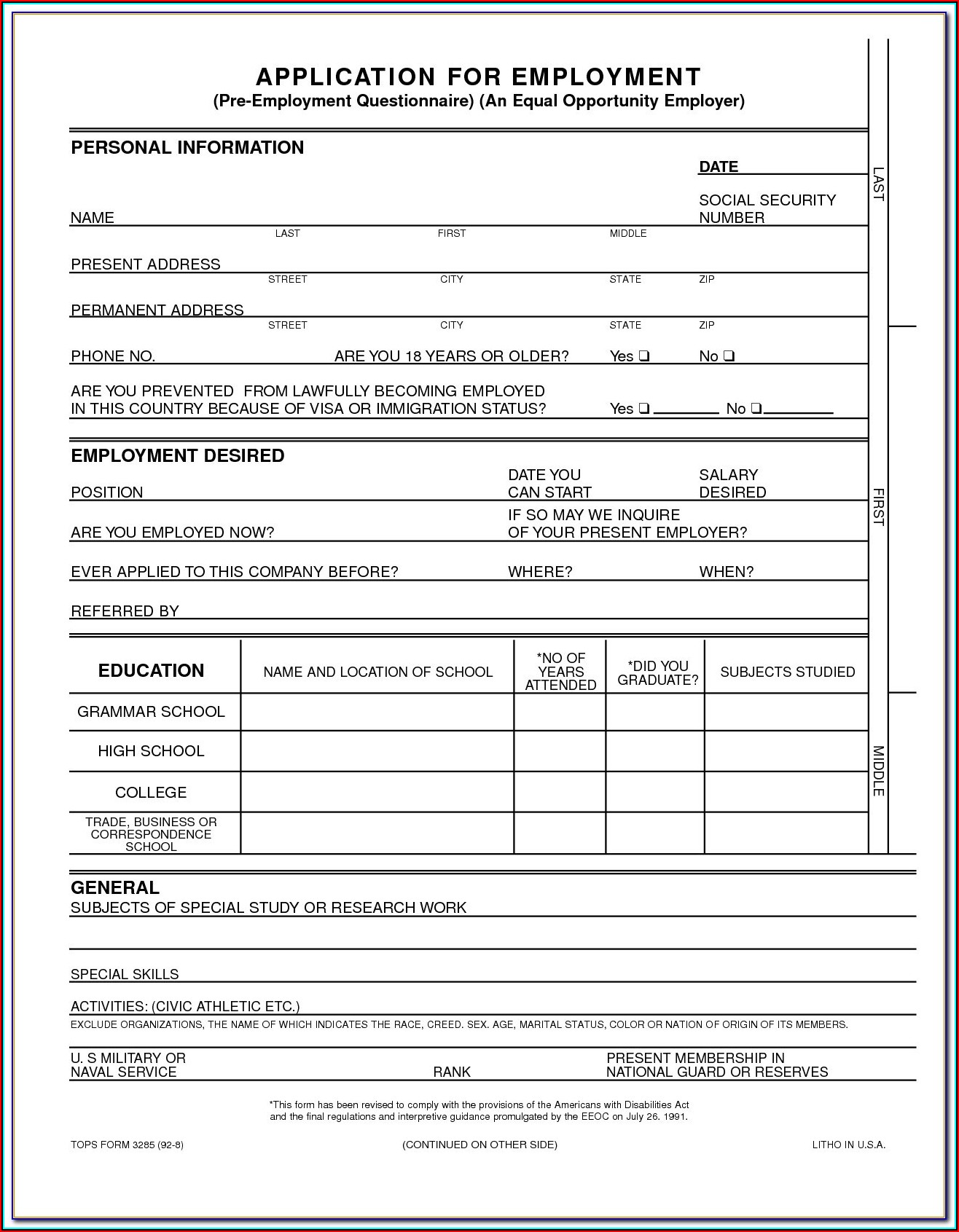 Generic Apartment Rental Application Form