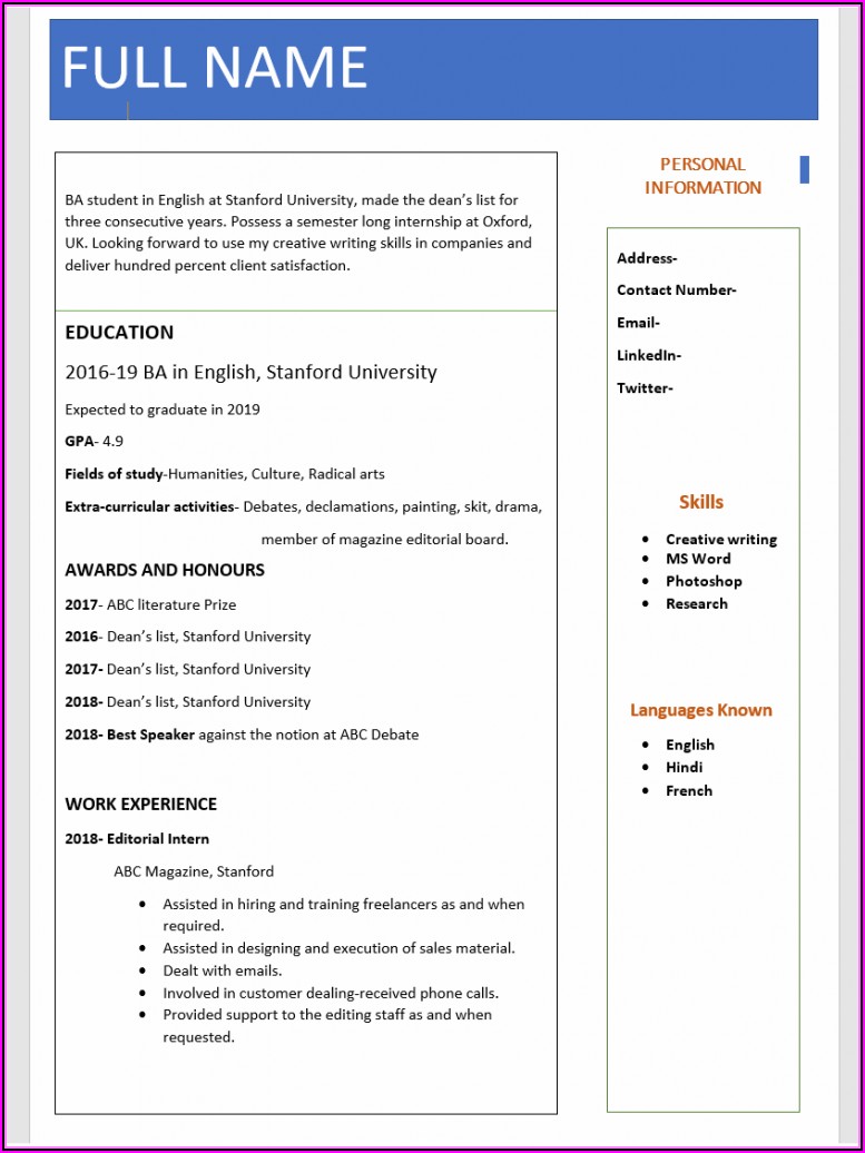 Fresher Resume Format Download In Ms Word Free Download