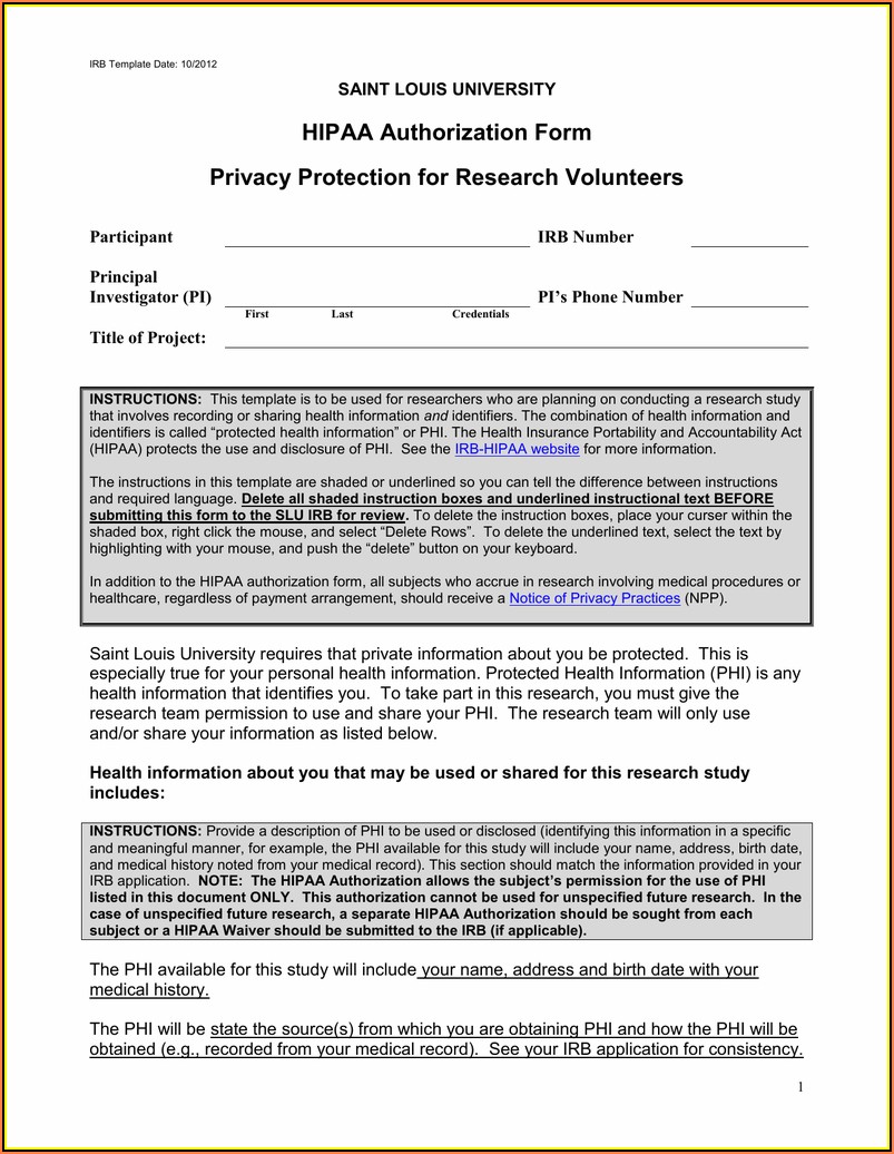Hipaa Compliant Authorization Form For Use Or Disclosure Of Protected Health Information