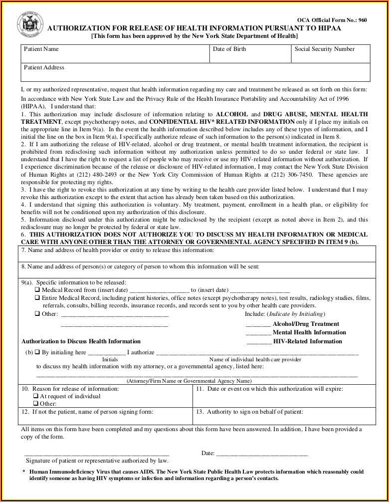 Hipaa Compliant Authorization Form New York