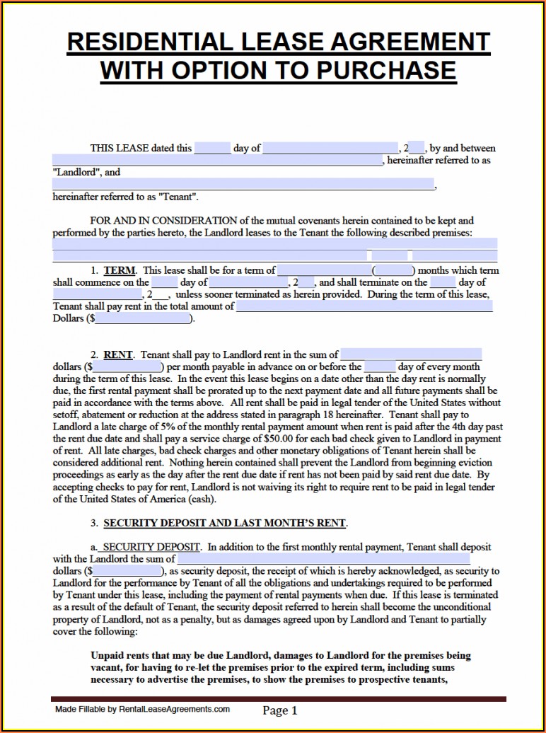 Lease To Purchase Home Contract Form