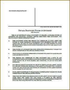 Limited Power Of Attorney Form Nevada