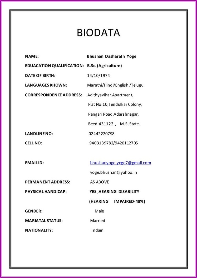 Marriage Resume Format For Hindu Boy