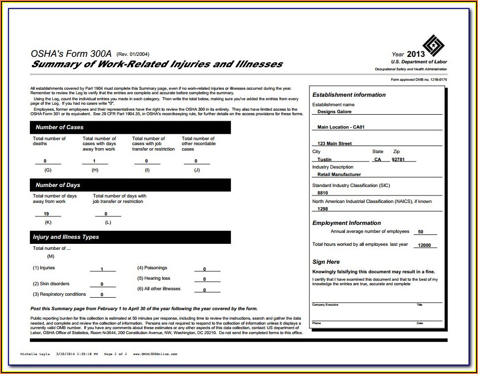 Osha Form 300a Pdf Fillable