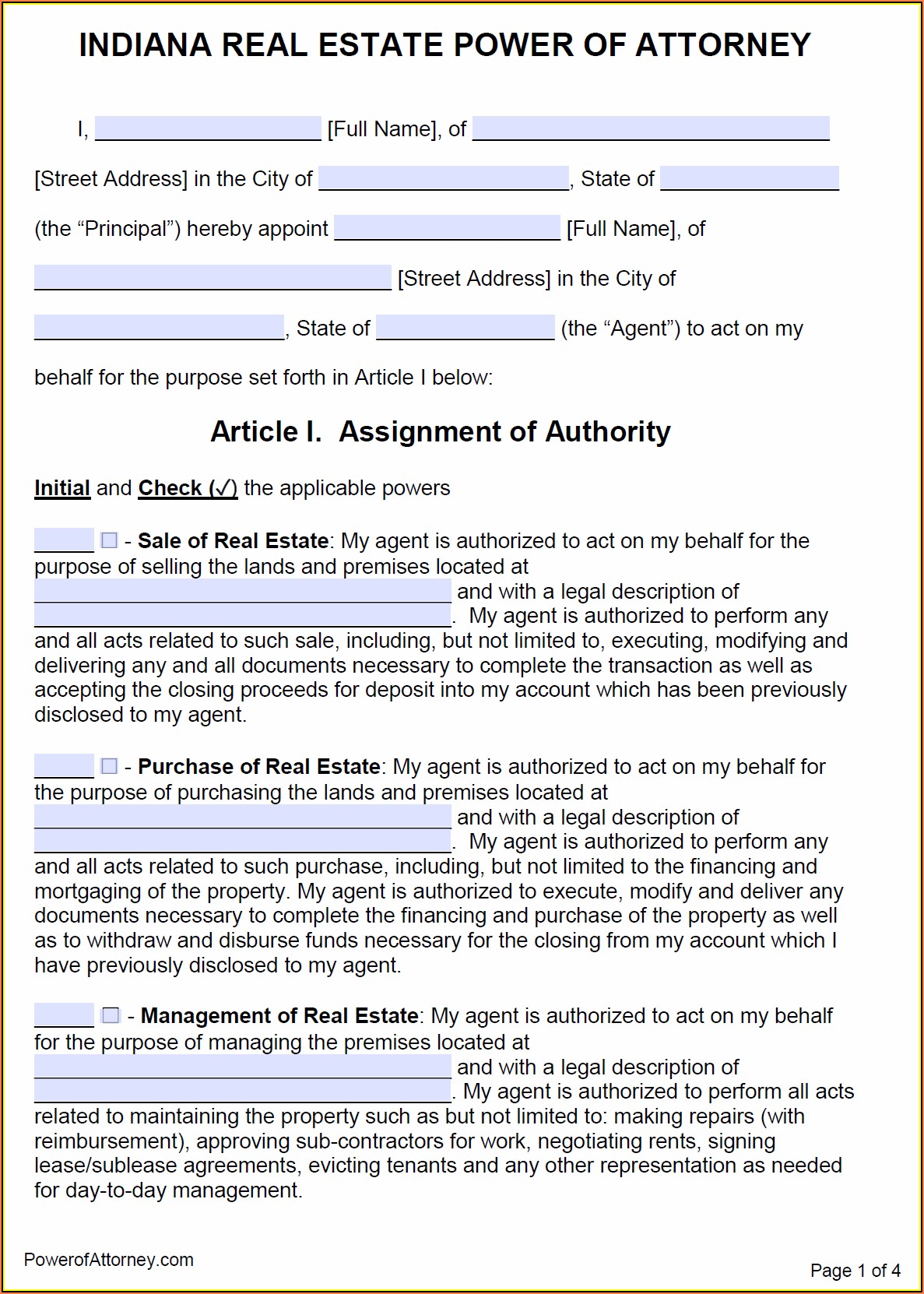 Power Of Attorney Form Indiana Real Estate