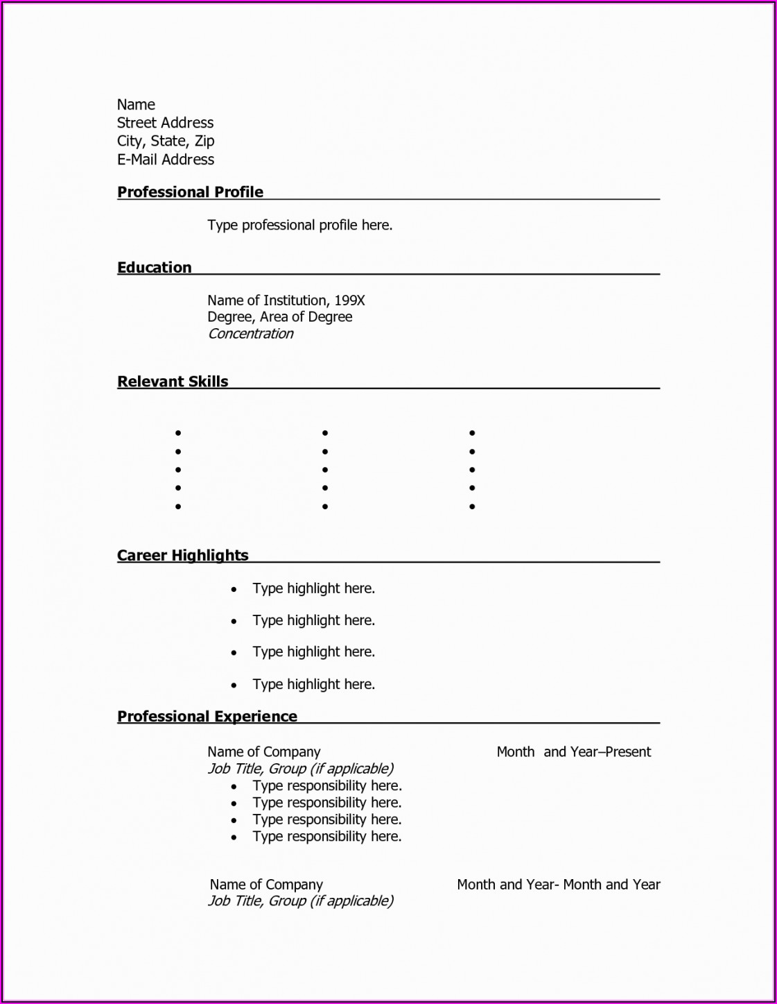 Printable Blank Resume Templates