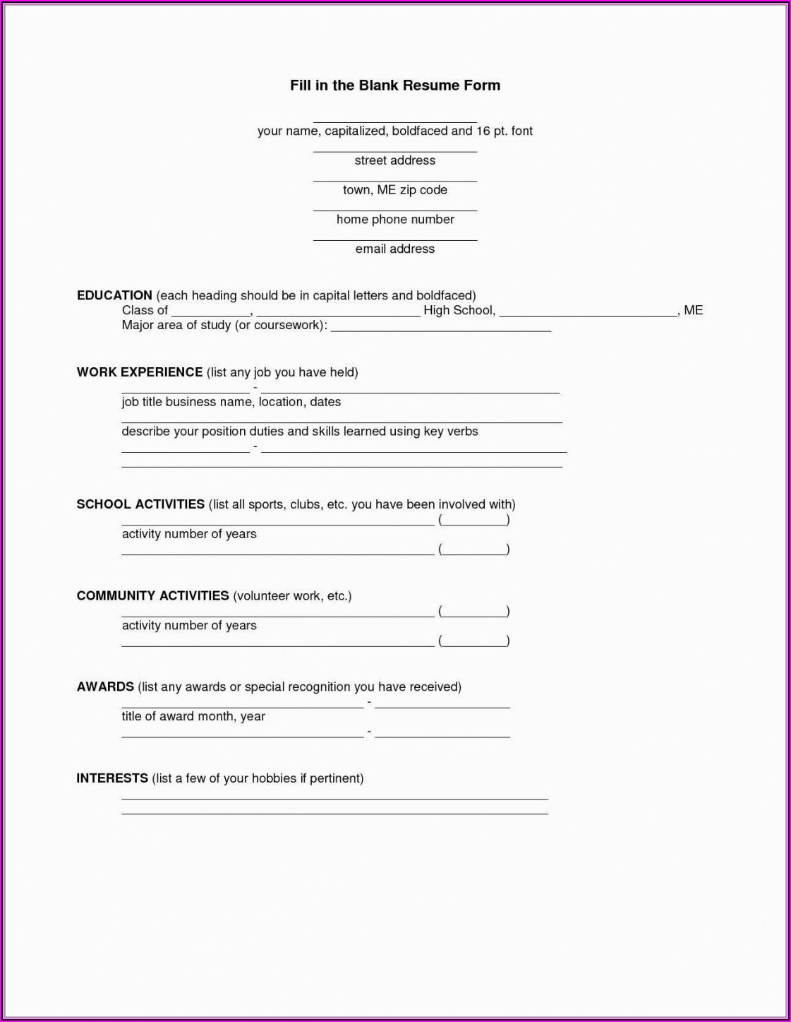 Resume Fill In The Blank Free