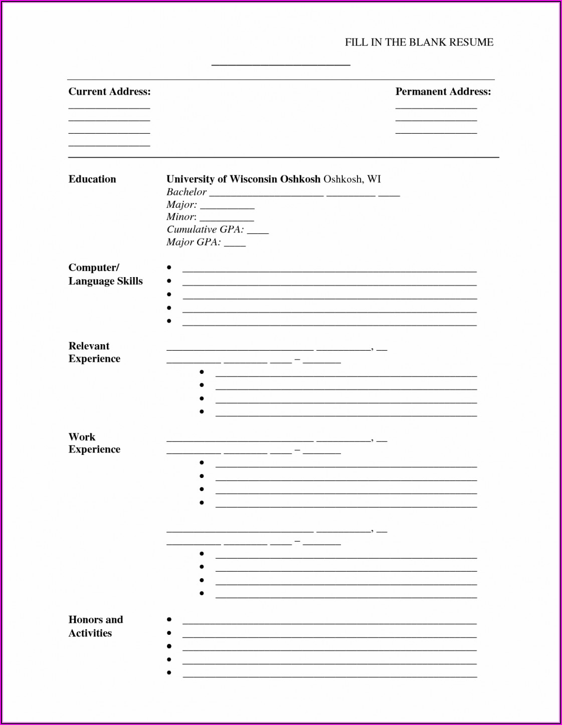 Resume Fill In The Blanks Free Template