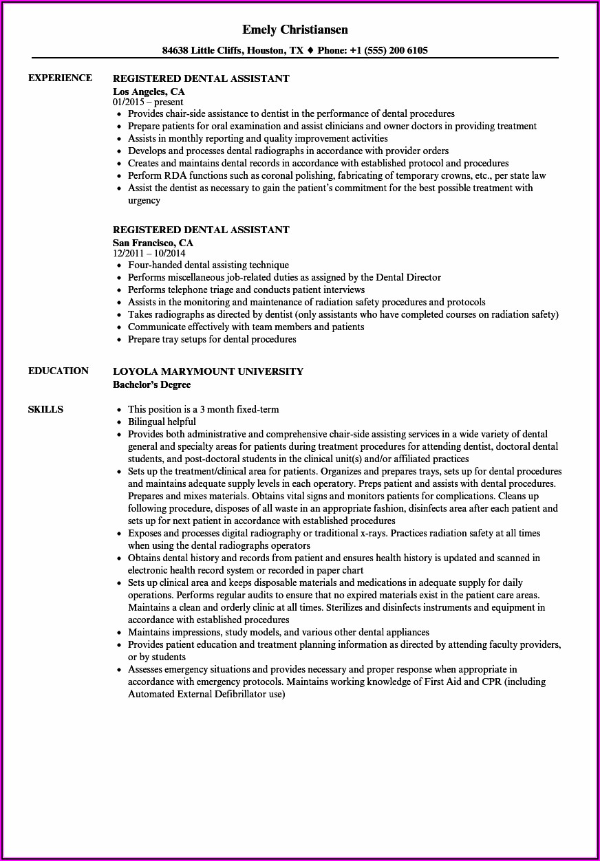 Resume For Dental Assistant Examples