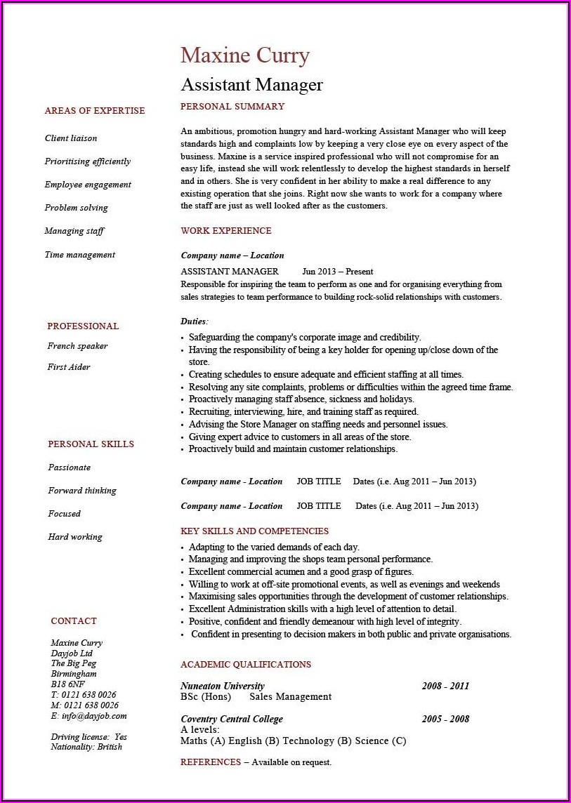 Resume Format For Assistant Manager Sales