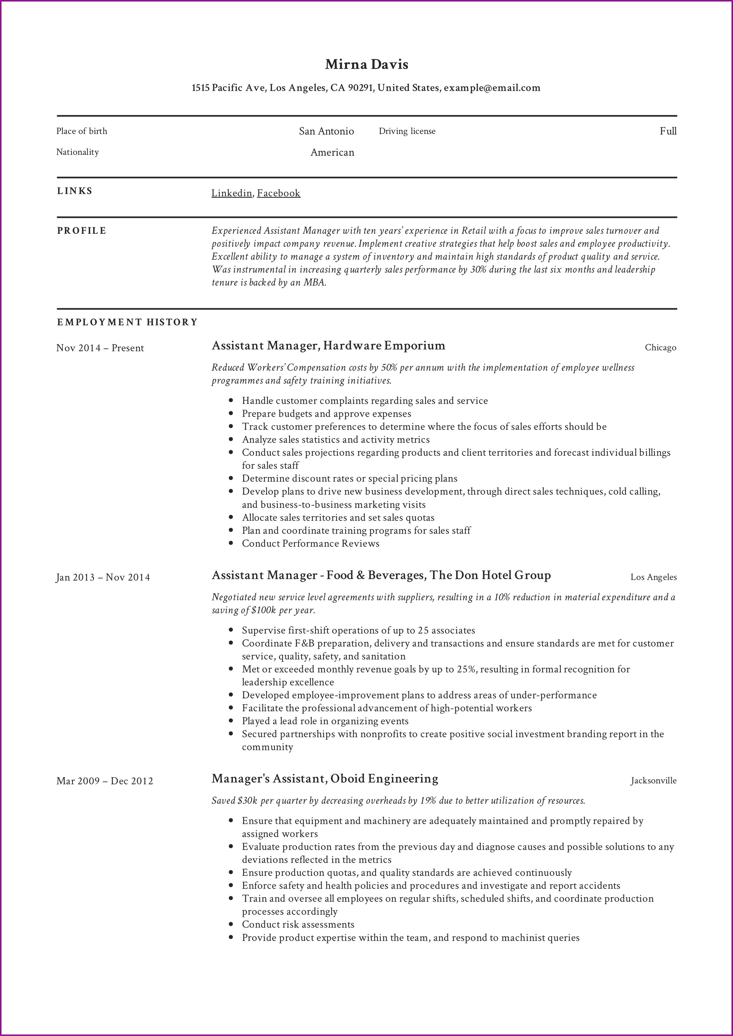 Resume Format For Assistant Manager
