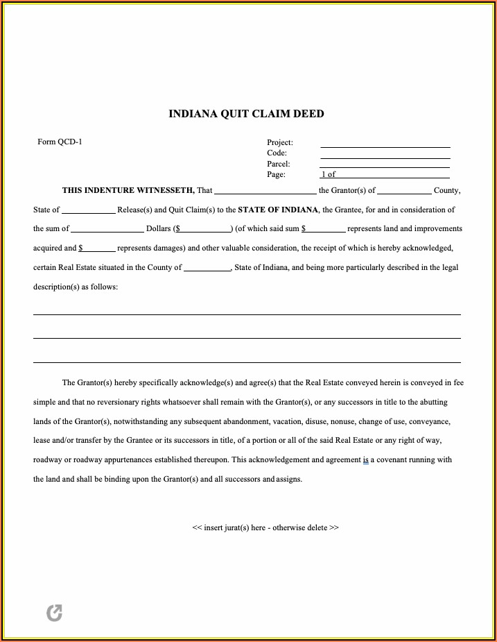 Sample Quit Claim Deed Form Indiana