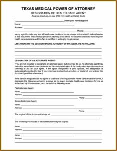 Texas Durable Power Of Attorney For Healthcare Form