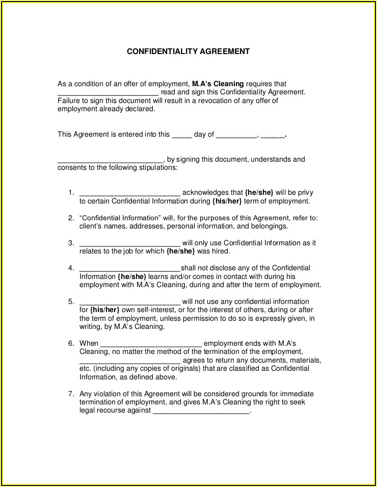 Employee Confidentiality Agreement Template South Africa
