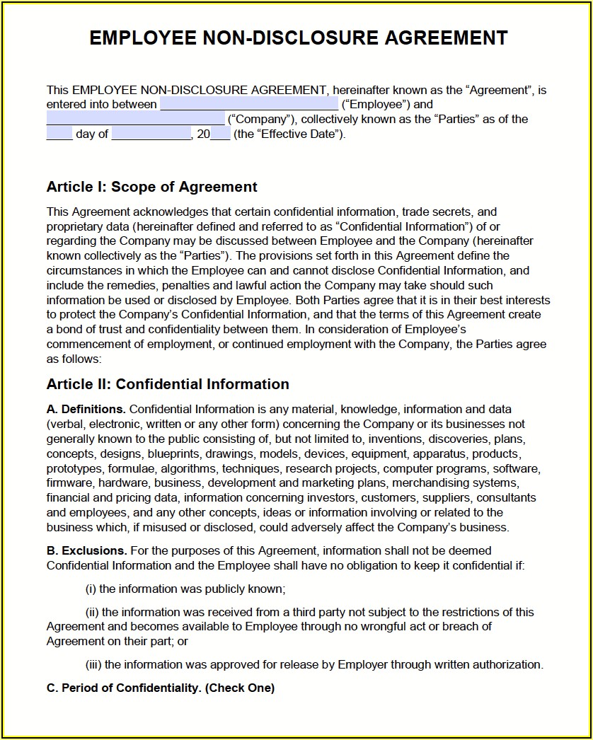 Employee Non Disclosure Agreement Template Doc