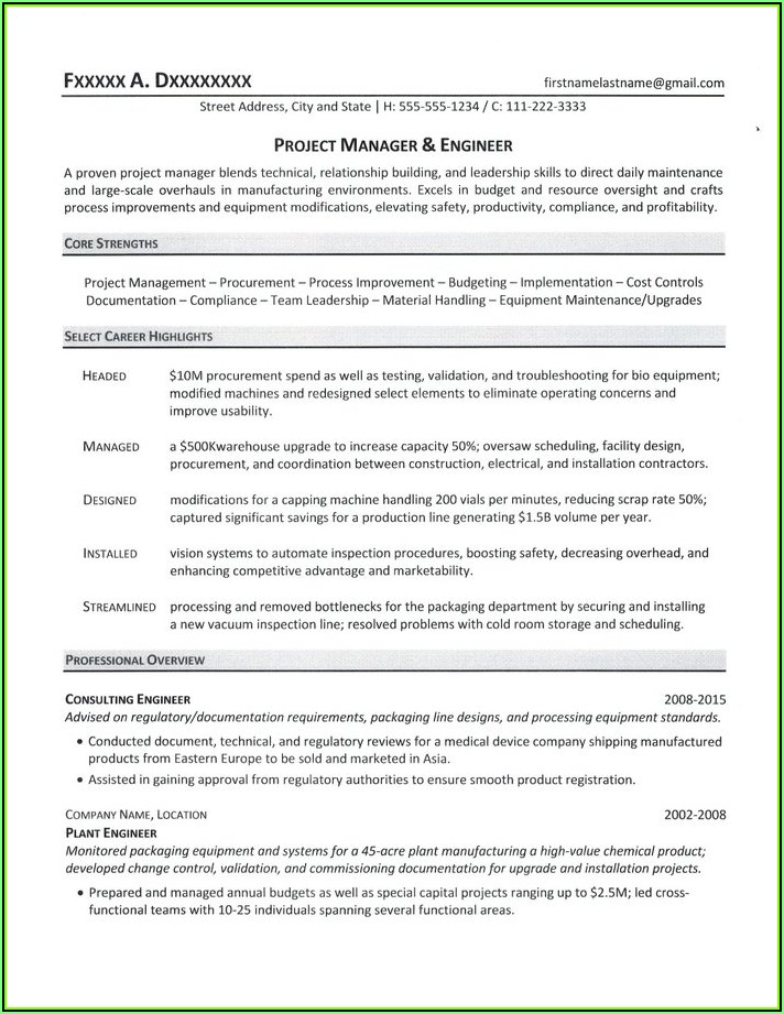 Resume Sample For A Project Manager In Engineering