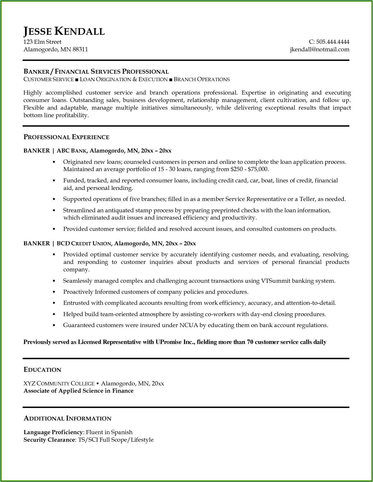 Resume Templates For Banking Professionals