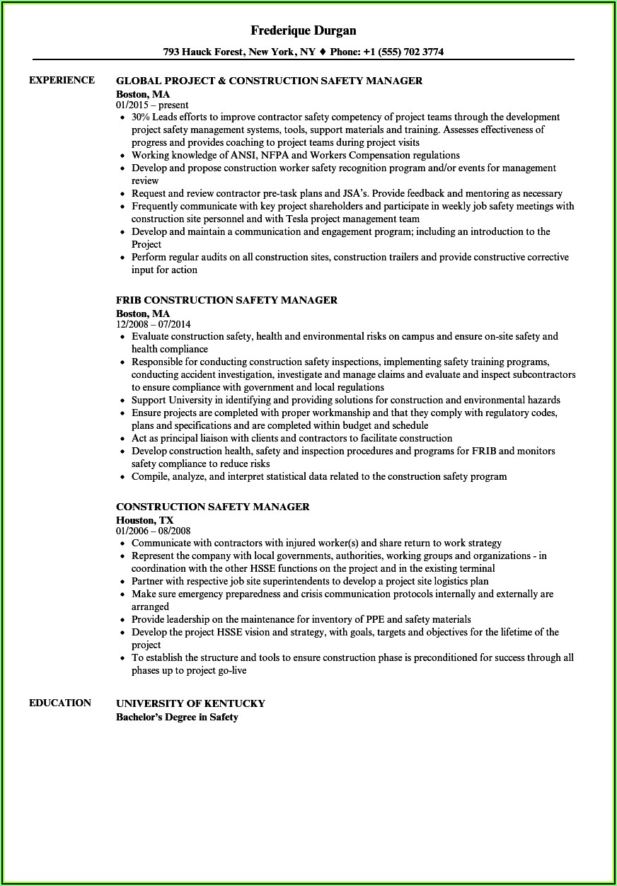 Resume Templates For Construction Safety Officer