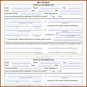 Auto Bill Of Sale Form Florida