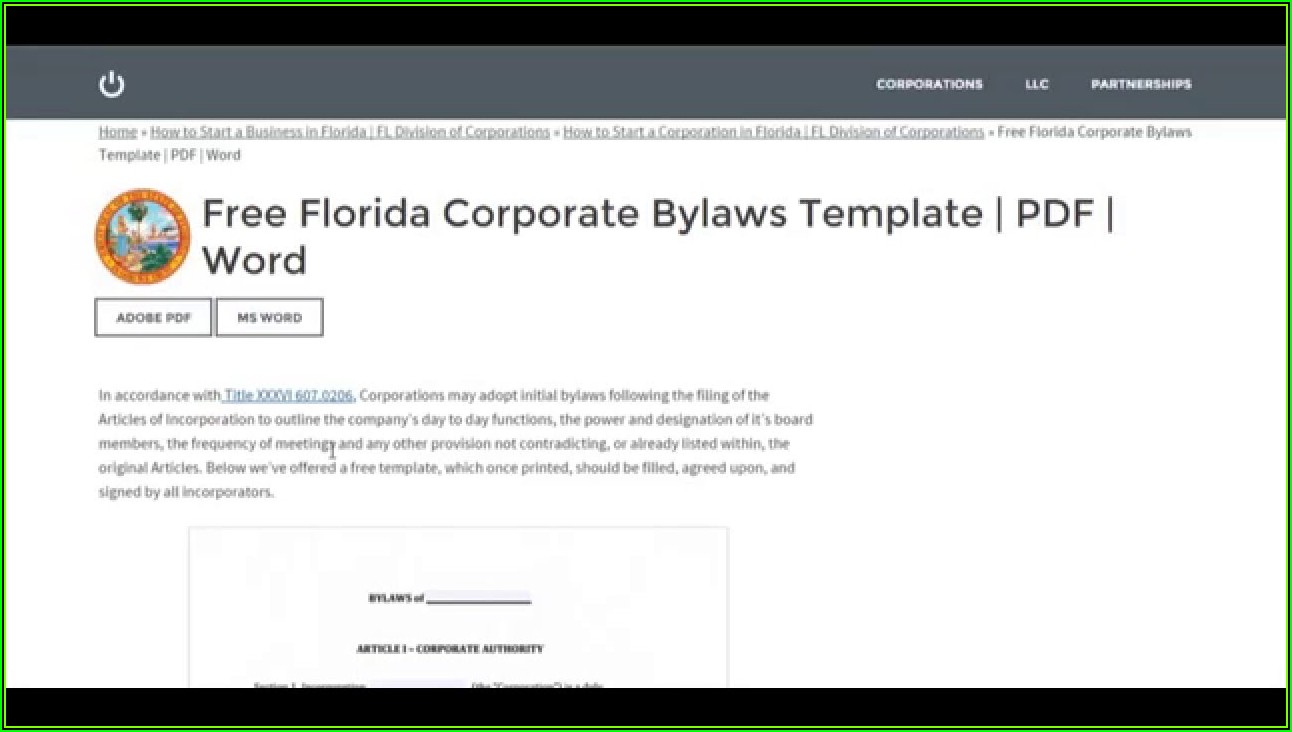 Corporate Bylaws Template Florida