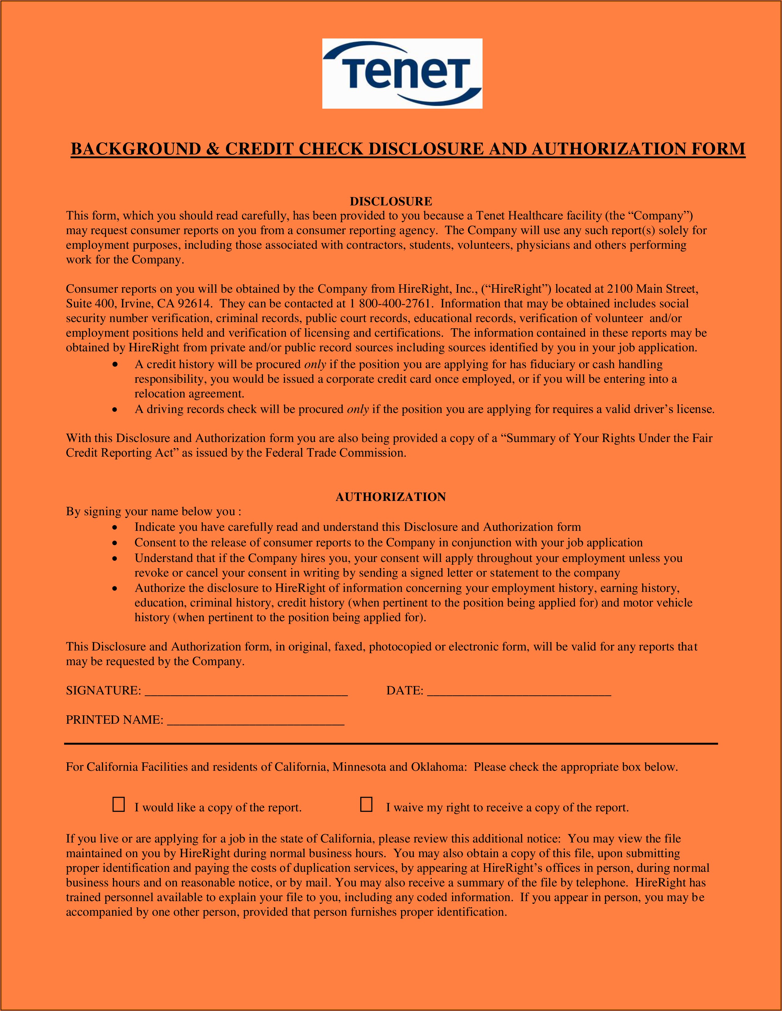Credit Check Authorization Form For Renters