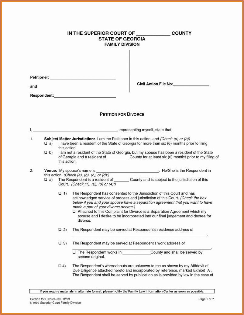 Divorce Settlement Agreement Form Georgia