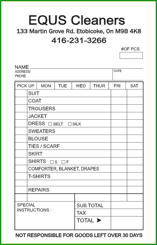 Dry Cleaning Invoice Template