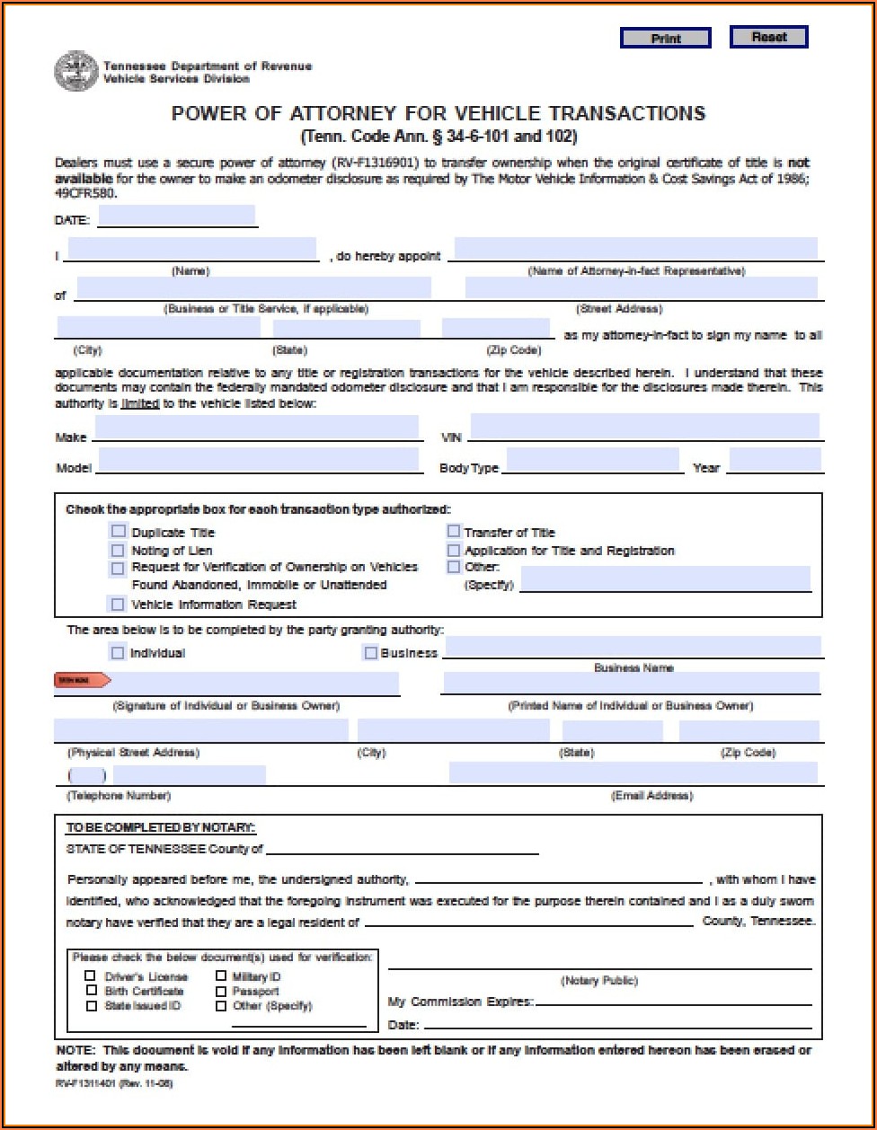 Durable Financial Power Of Attorney Form Tennessee