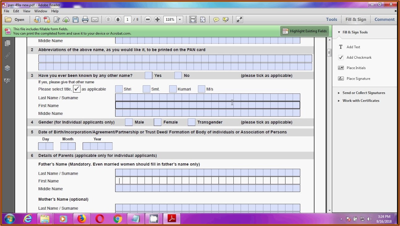 Fillable Application Form For Pan Card