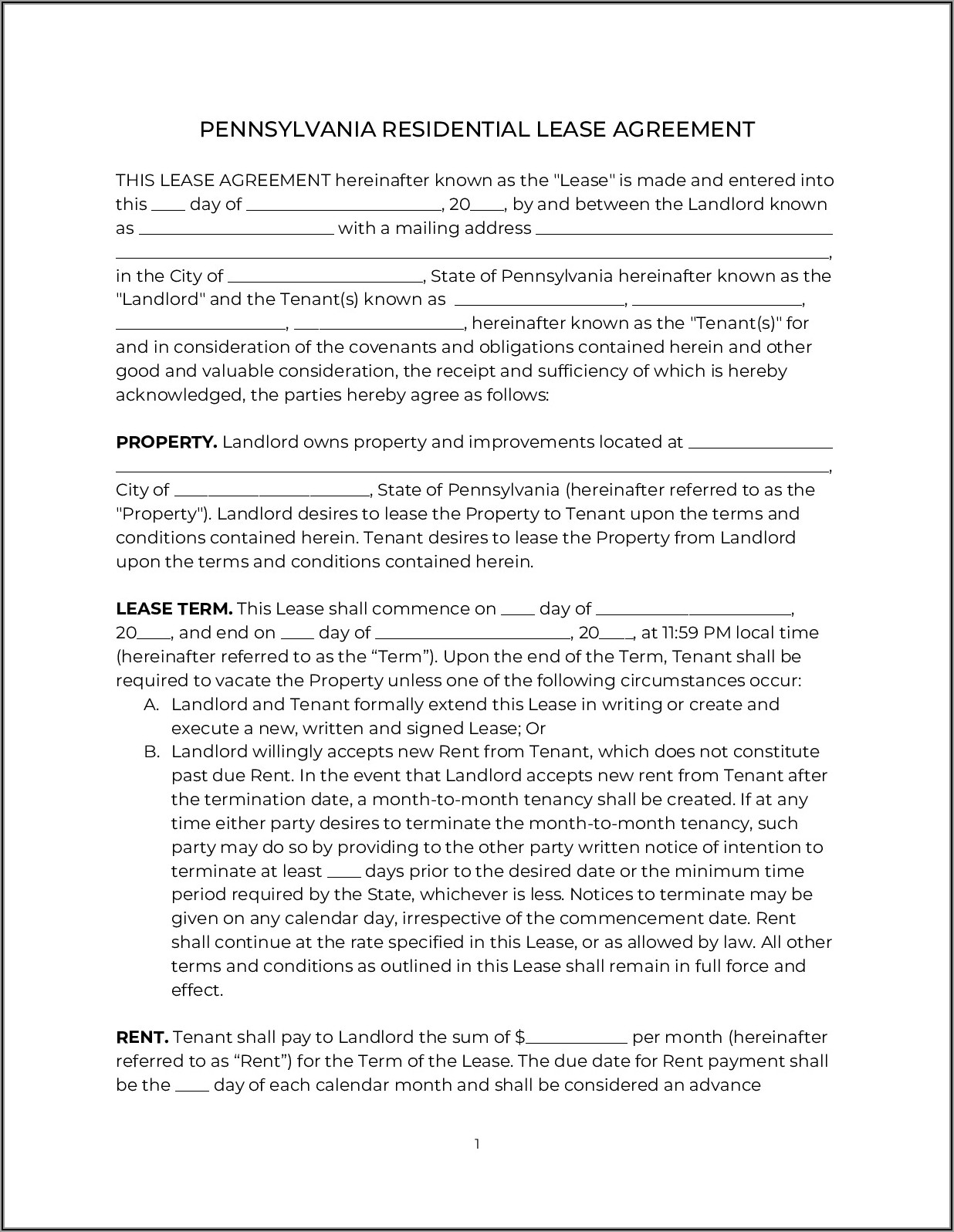 Free Pennsylvania Residential Lease Agreement Form