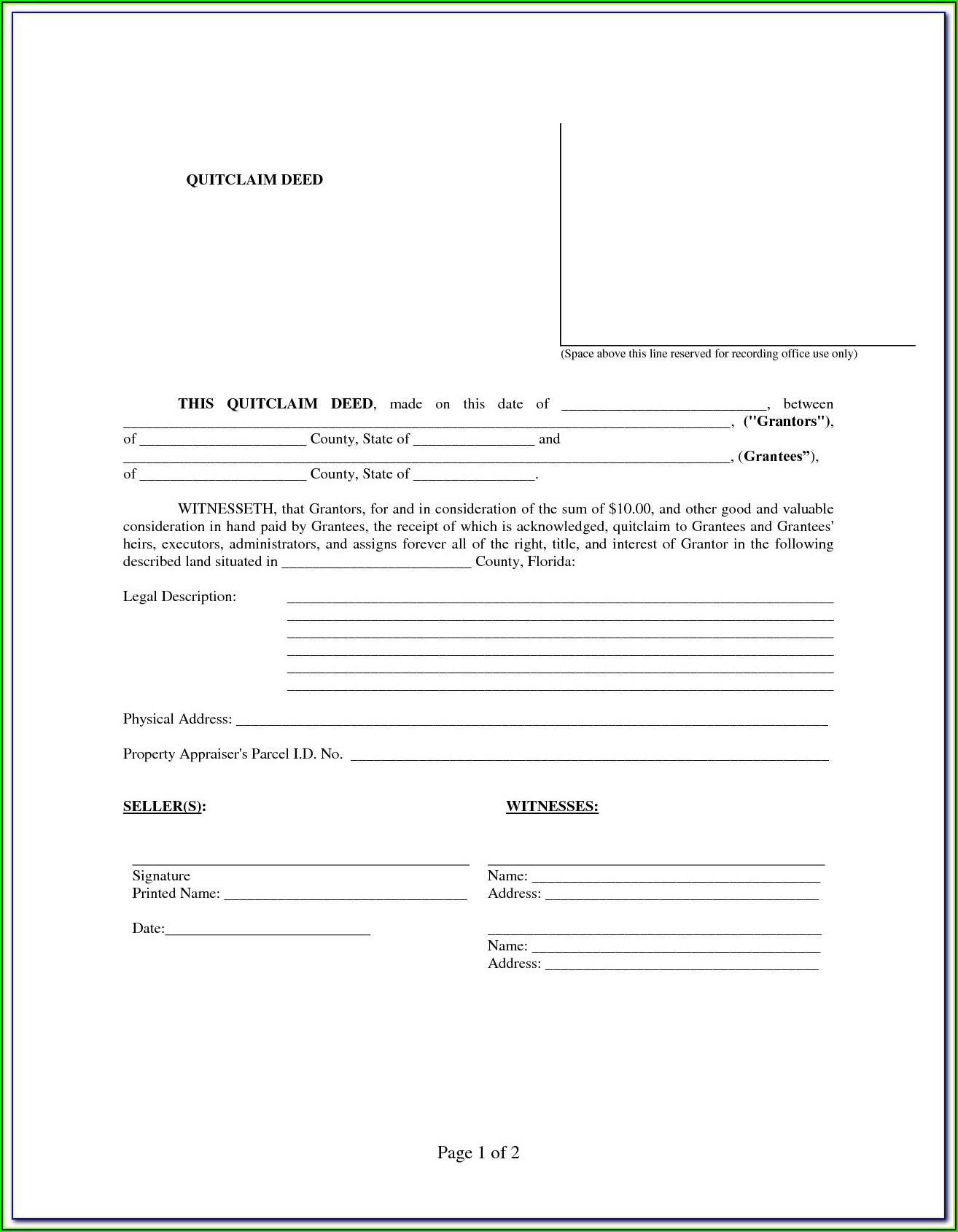 Free Quit Claim Deed Template Florida