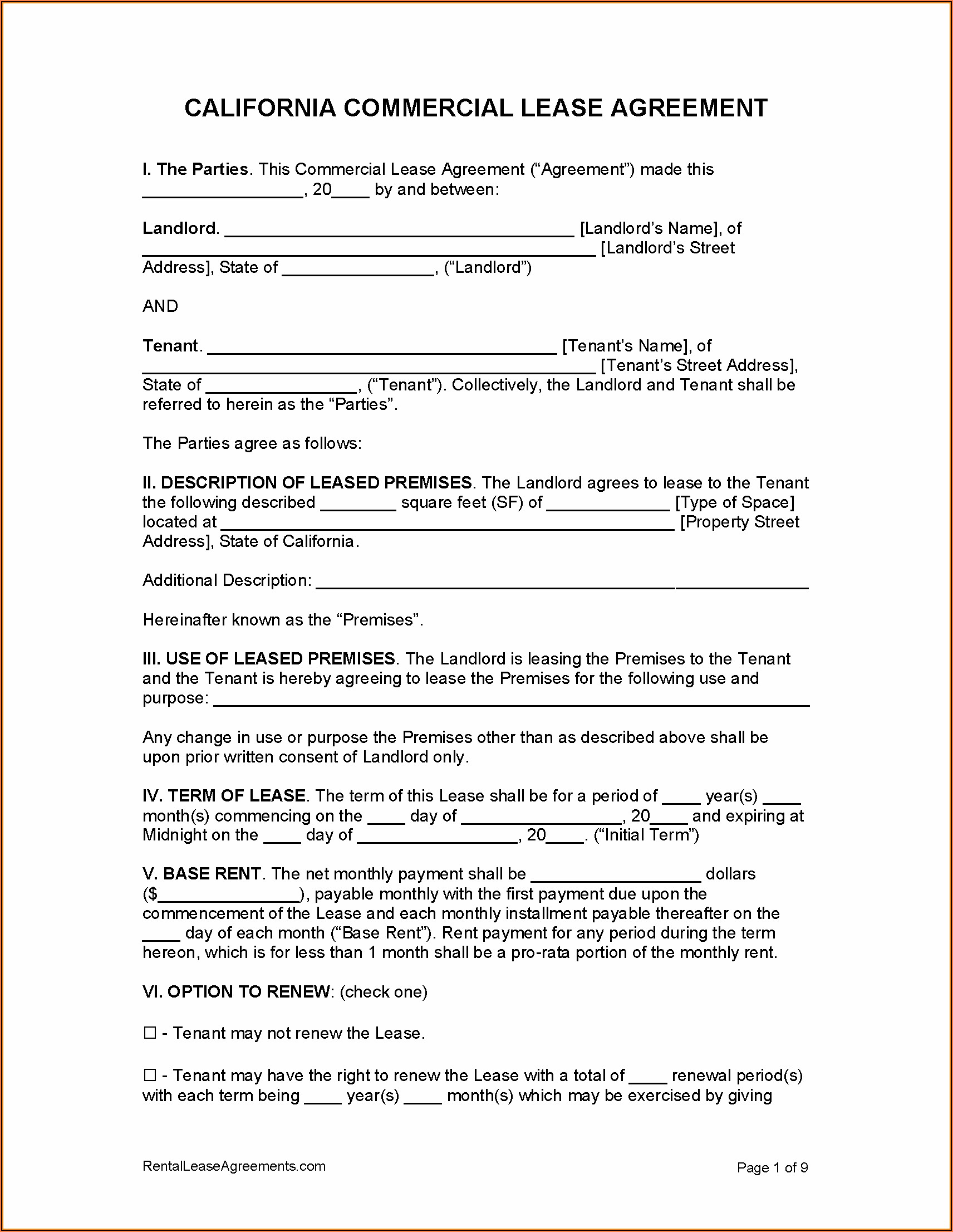 Free Rental Lease Agreement Forms California