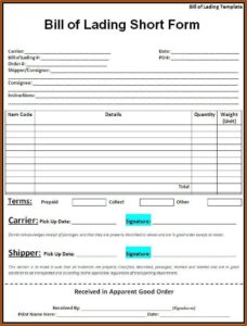 Free Straight Bill Of Lading Short Form Fillable