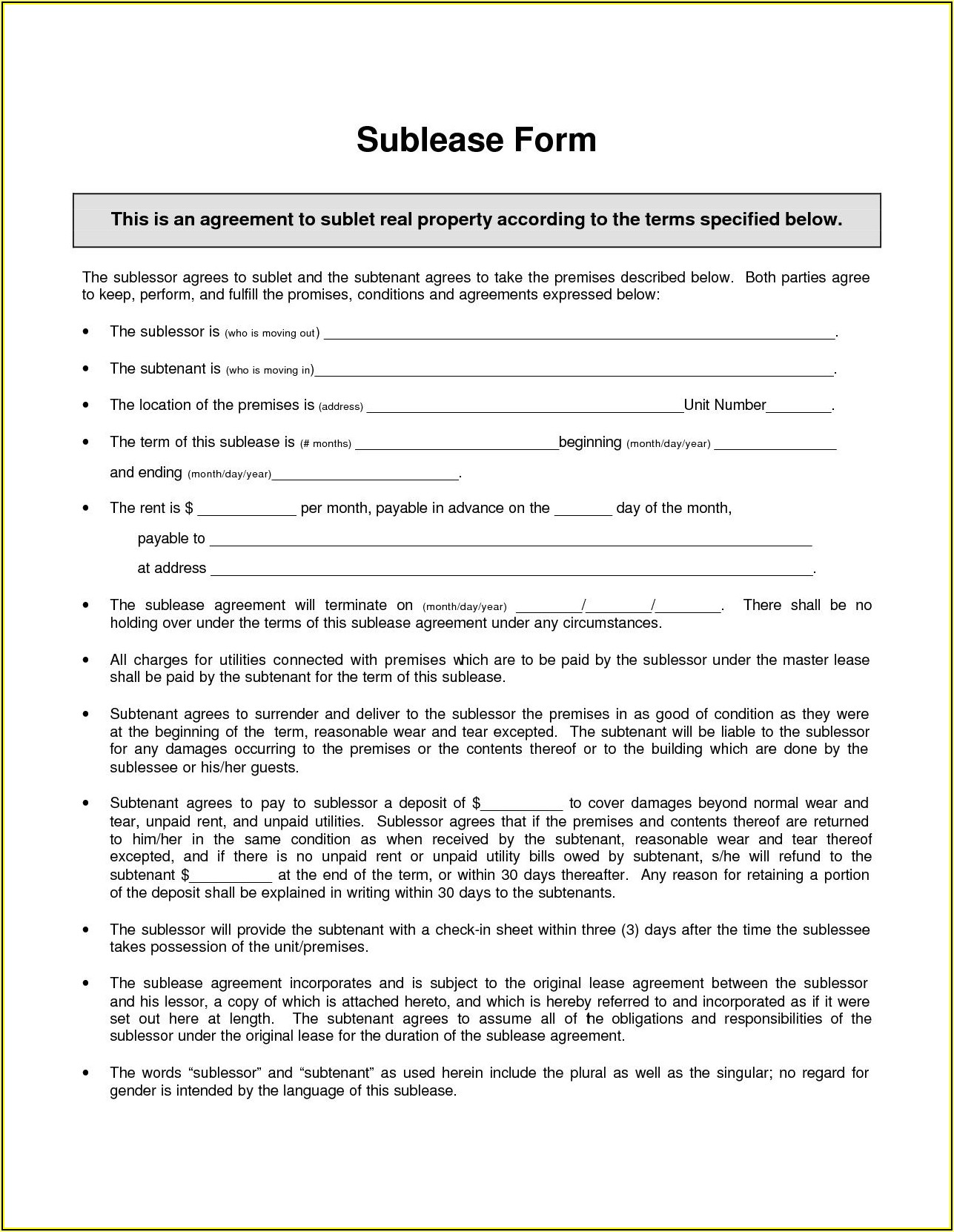 Free Sublease Agreement Template Word Uk