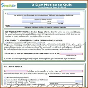 Free Texas 3 Day Notice To Vacate Form