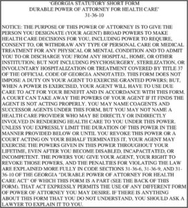 Georgia Durable Power Of Attorney For Health Care Form