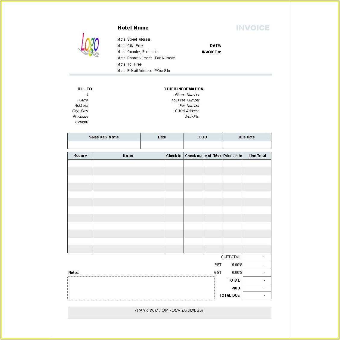 Hotel Invoice Template Free Download