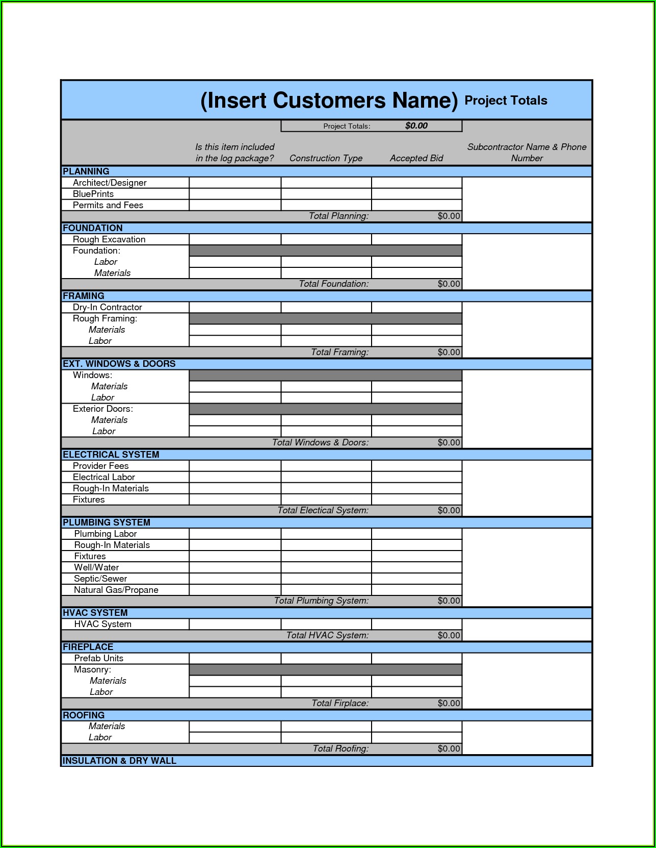 Hvac Bid Sheet Template