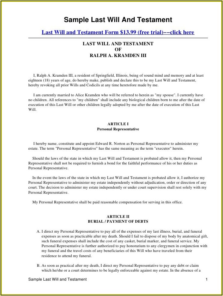 Last Will And Testament Free Template Pdf